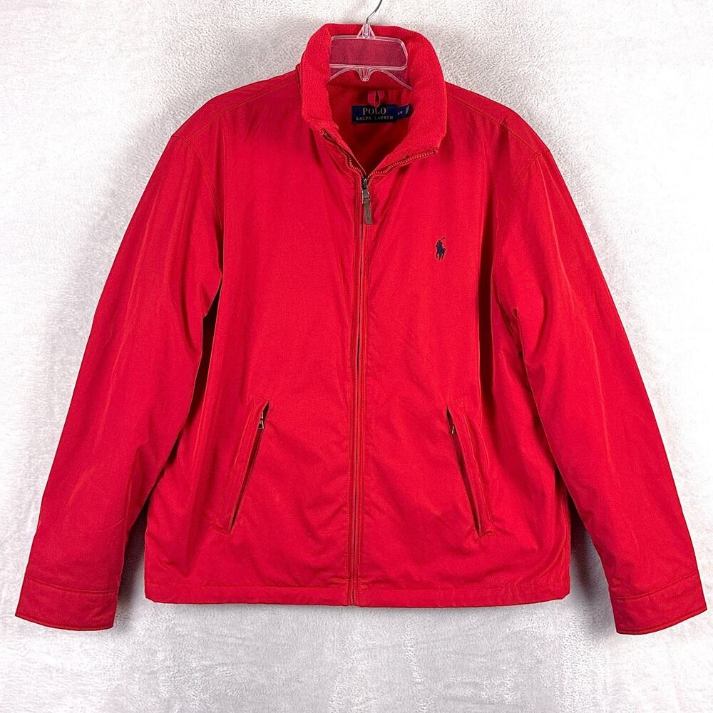 Polo Ralph Lauren Jacket Mens L Red Fleece Lined Harrington Stowaway Hood Preppy